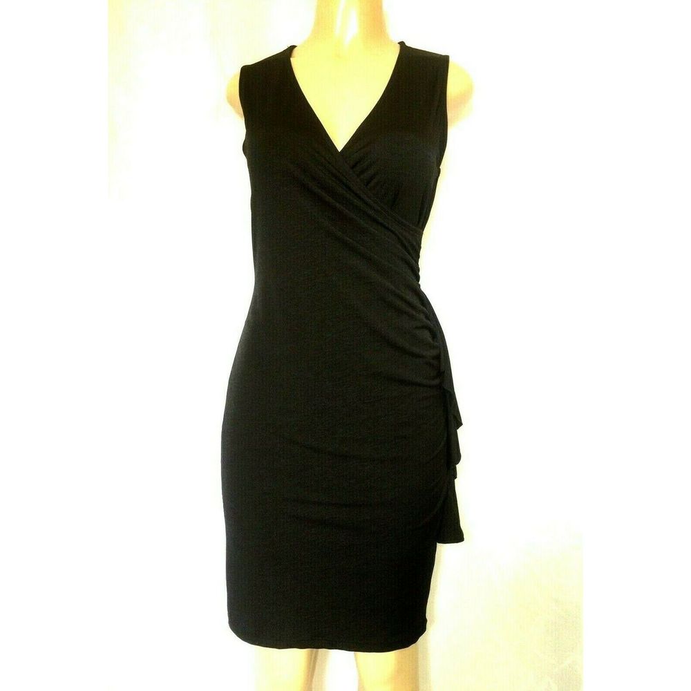 Gilli Dress Black V Neck Ruffled Ruched Sheath M
